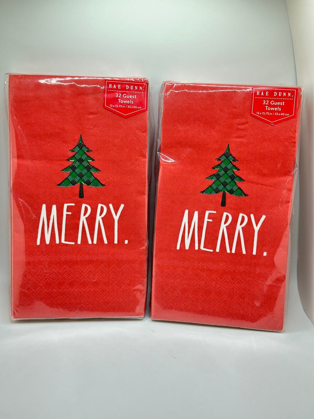 Rae Dunn Merry Guest Towels- Red with Tree